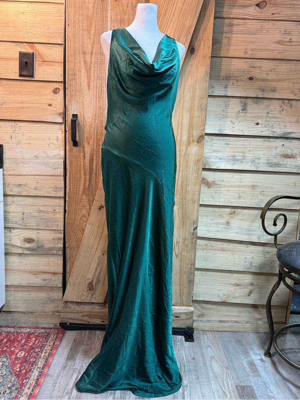 Selfie Leslie Emerald Green Satin Cowl Neck Maxi Gown